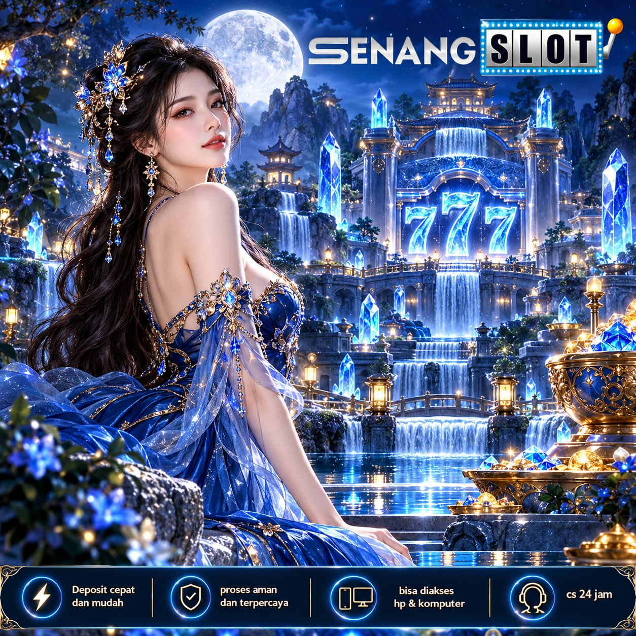 Poster SENANGSLOT dengan tokoh berbusana emas, kipas, dan ilustrasi game pada ponsel