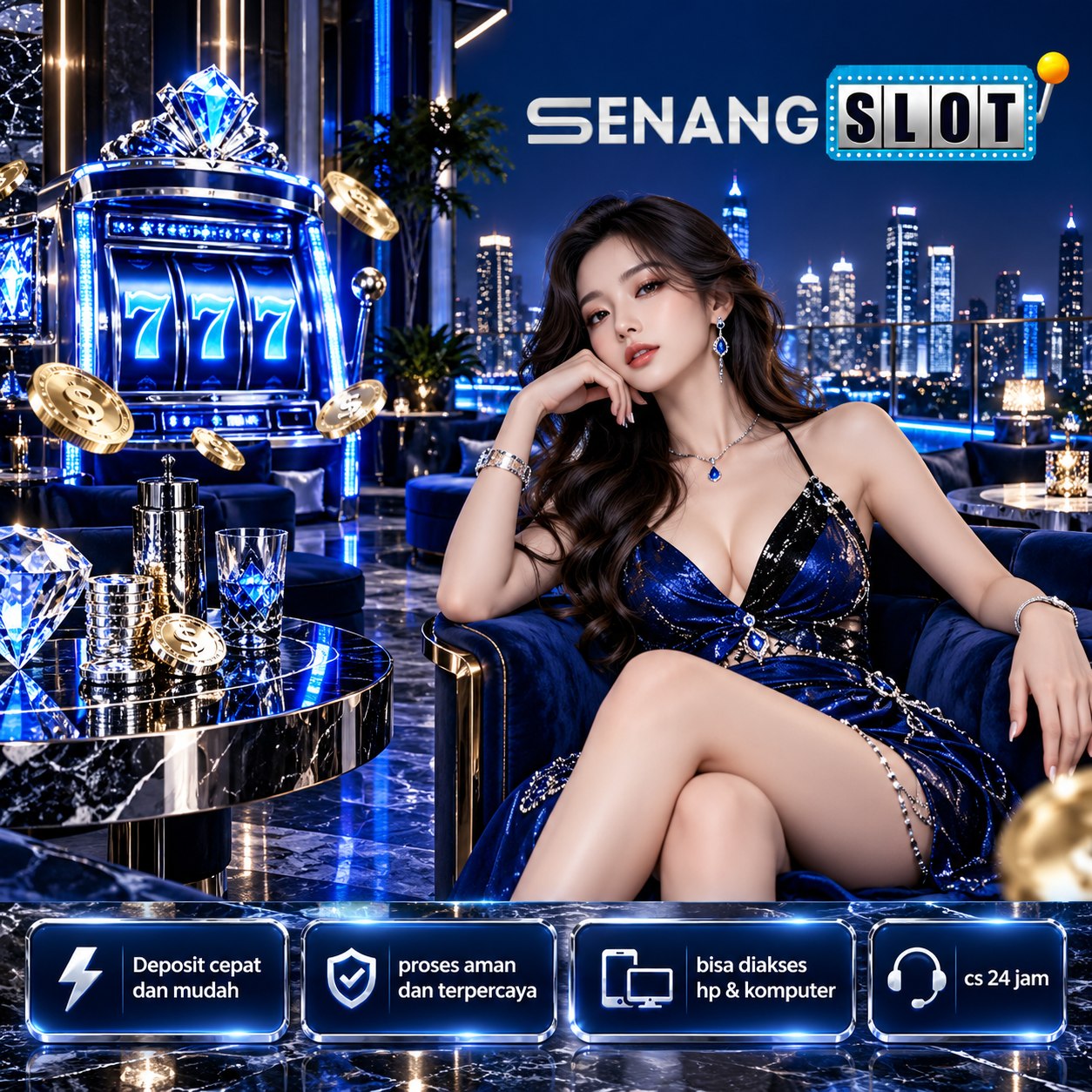 Poster SENANGSLOT dengan tokoh berambut abu-abu, layar game, dan efek petir